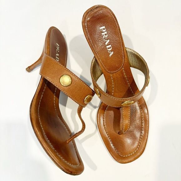 PRADA Brown Leather Sandals Kitten Heel Size 37 Studded Made in Italy - Picture 1 of 10